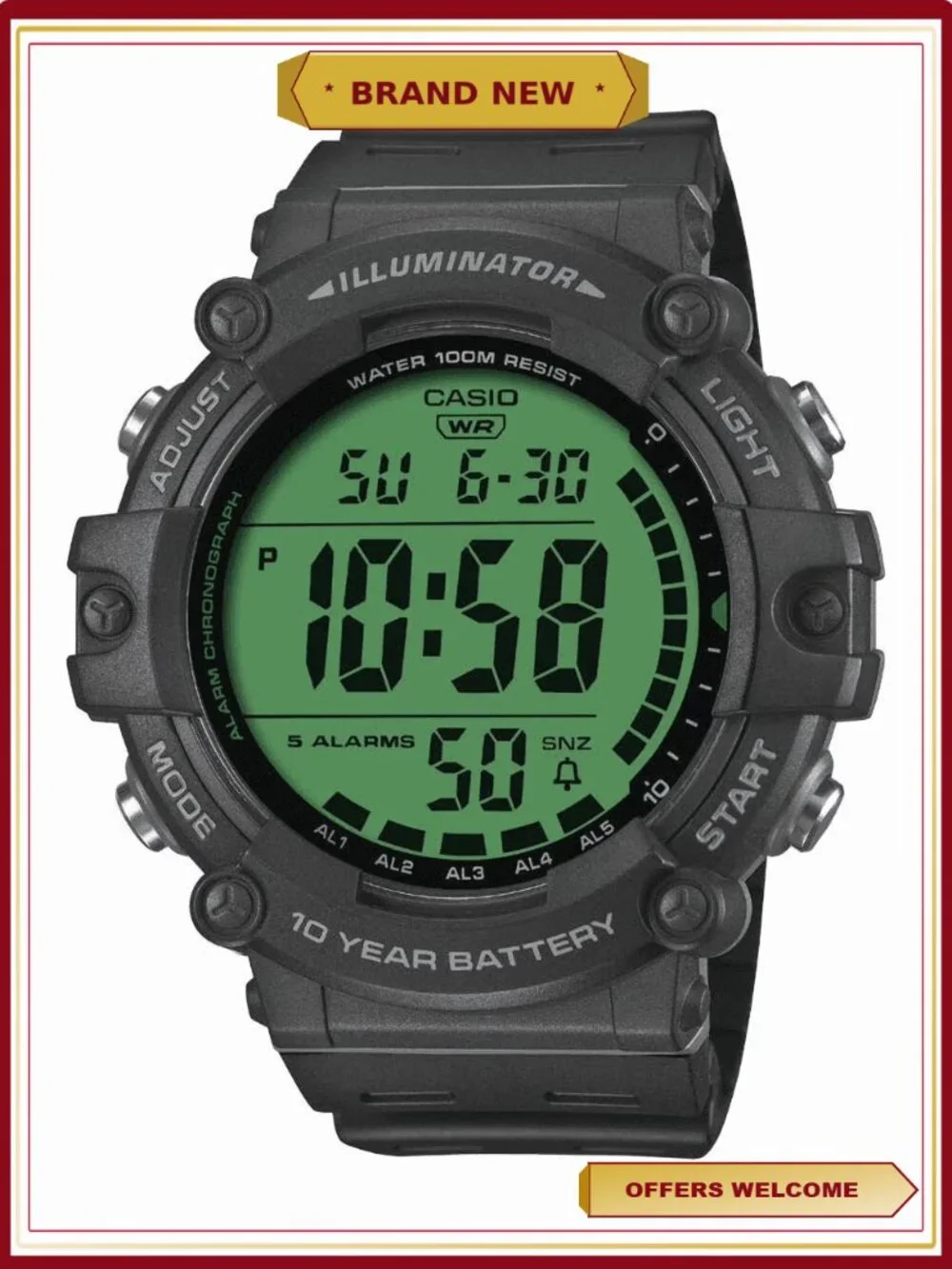 Casio Digital Watch with Large Display, 100M Water Resistant, LED Backlight,